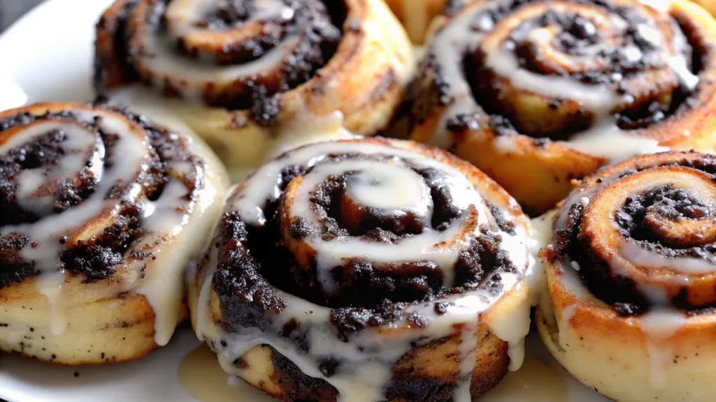 Close-up of freshly baked Oreo Stuffed Cinnamon Rolls with a golden-brown exterior, swirled with crushed Oreo cookies, and drizzled with a smooth, creamy glaze. The rolls have a soft, fluffy texture with a rich cookies-and-cream filling.