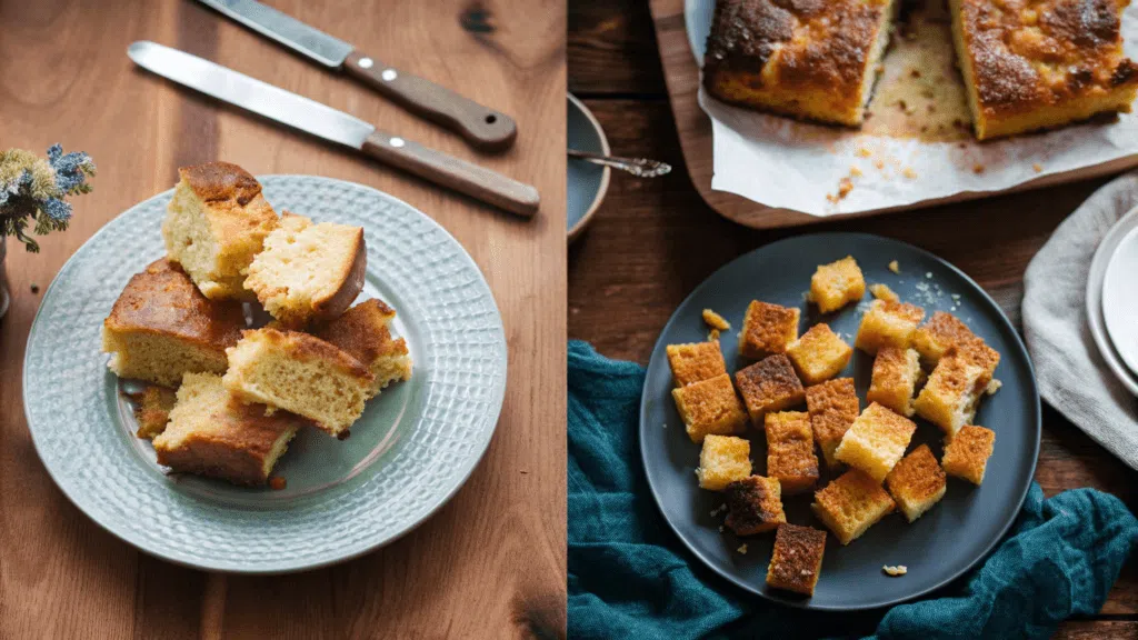 A freshly baked cornbread cut into square pieces, with a golden-brown, crispy crust and a moist, crumbly interior. The cornbread sits on parchment paper over a wooden cutting board, with a vintage knife nearby and a few crumbs scattered around