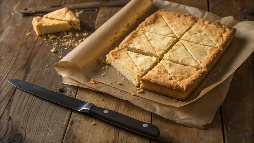 A freshly baked cornbread cut into square pieces, with a golden-brown, crispy crust and a moist, crumbly interior. The cornbread sits on parchment paper over a wooden cutting board, with a vintage knife nearby and a few crumbs scattered around