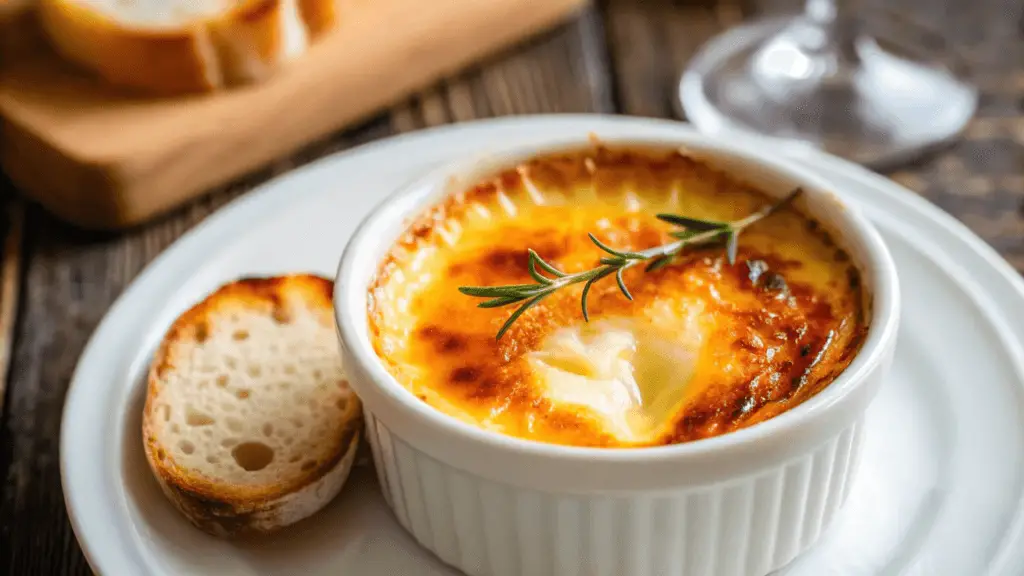 "A creamy crab brulee in a white ramekin with a golden, caramelized top, garnished with a sprig of rosemary, served with toasted bread on a white plate."