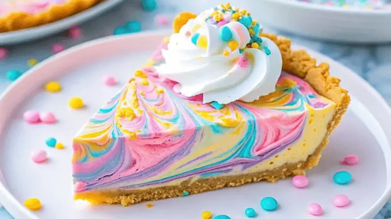 A slice of Easter Swirl Pie on a beige plate, featuring a creamy white filling with a graham cracker crust, topped with pastel-colored whipped cream swirls and festive sprinkles. In the background, the full pie and additional slices are visible, along with a soft blue napkin and scattered sprinkles for a festive touch.