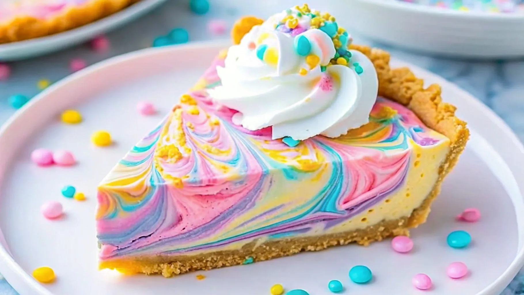 A slice of Easter Swirl Pie on a beige plate, featuring a creamy white filling with a graham cracker crust, topped with pastel-colored whipped cream swirls and festive sprinkles. In the background, the full pie and additional slices are visible, along with a soft blue napkin and scattered sprinkles for a festive touch.