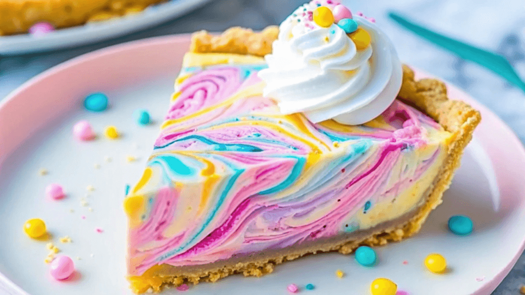 A slice of Easter Swirl Pie on a beige plate, featuring a creamy white filling with a graham cracker crust, topped with pastel-colored whipped cream swirls and festive sprinkles. In the background, the full pie and additional slices are visible, along with a soft blue napkin and scattered sprinkles for a festive touch.