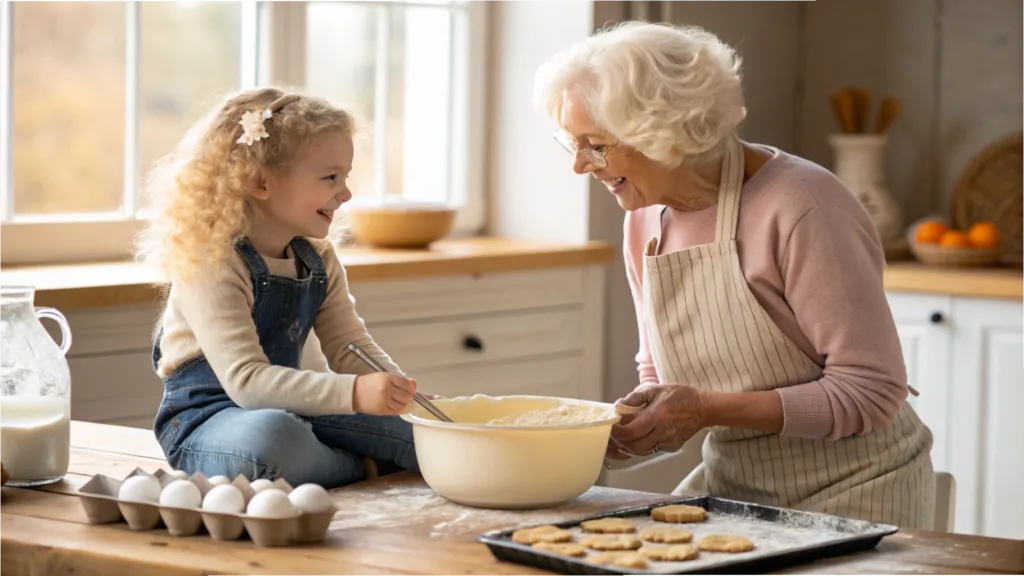 A young girl with curly blonde hair, wearing a beige sweater and denim overalls, sits on a wooden kitchen counter mixing dough in a large bowl. She is smiling joyfully at her grandmother, an elderly woman with short white hair, glasses, and a striped apron over a pink sweater. The grandmother holds the bowl steady while laughing with her granddaughter. The rustic kitchen is filled with natural light from a large window, and a tray of freshly cut cookie dough, eggs, and a jug of milk are on the wooden table, creating a warm and nostalgic baking scene.