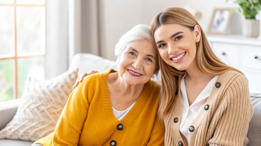 A young woman and her grandmother sitting together on a couch, smiling warmly at the camera. The young woman has long blonde hair and is wearing a mustard-yellow cardigan with decorative buttons, a white top, and green earrings. The grandmother has short white hair and is dressed in a beige sweater. They appear happy and close, with a cozy and bright home setting in the background.