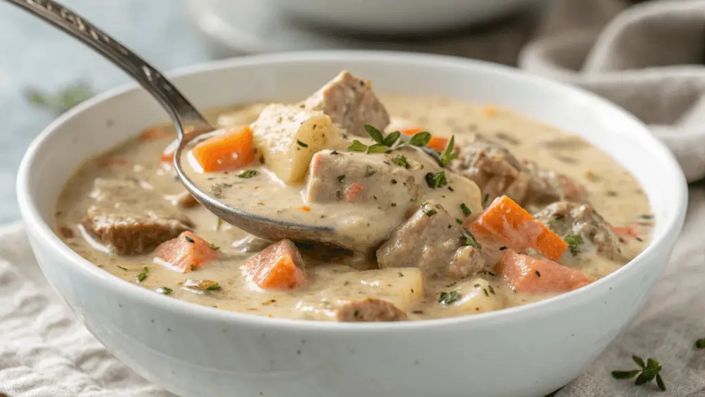 A close-up of a bowl of creamy Hamburger Potato Soup with chunks of tender beef, diced potatoes, carrots, and fresh herbs, served in a white ceramic bowl with a spoon lifting a portion. The rich, creamy broth is speckled with seasonings, making it a comforting and hearty meal.
