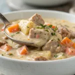 A close-up of a bowl of creamy Hamburger Potato Soup with chunks of tender beef, diced potatoes, carrots, and fresh herbs, served in a white ceramic bowl with a spoon lifting a portion. The rich, creamy broth is speckled with seasonings, making it a comforting and hearty meal.