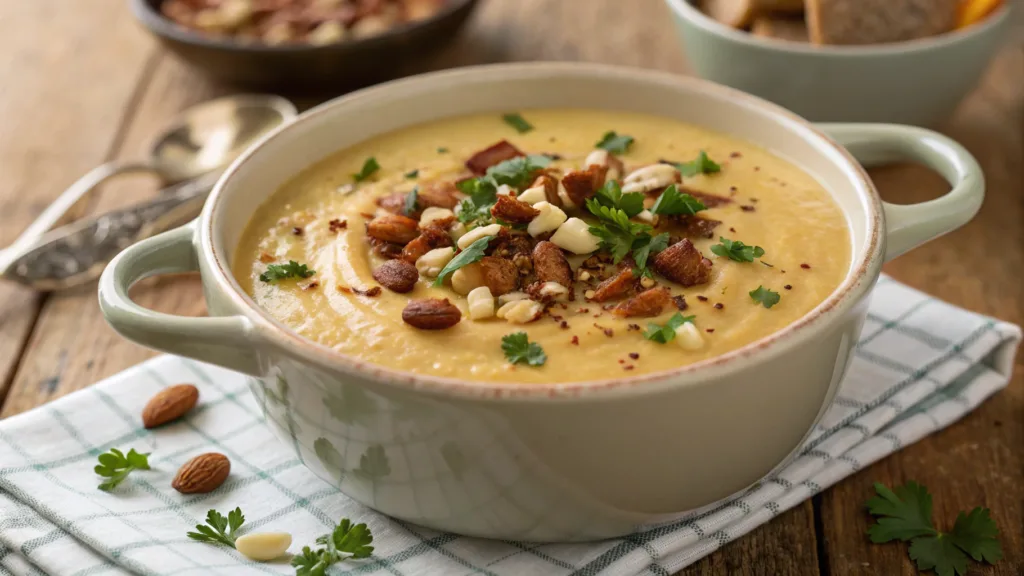 A close-up of a bowl of creamy Hamburger Potato Soup with chunks of tender beef, diced potatoes, carrots, and fresh herbs, served in a white ceramic bowl with a spoon lifting a portion. The rich, creamy broth is speckled with seasonings, making it a comforting and hearty meal.