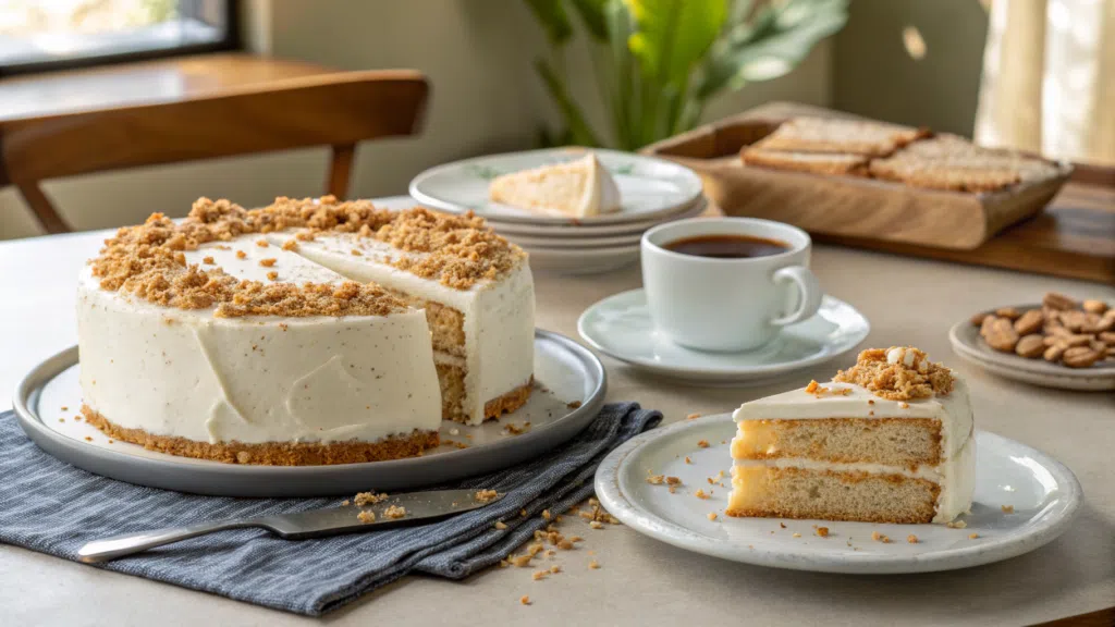 Alt Text: A sliced sugar-free carrot cake topped with white frosting and garnished with walnuts, served on a white plate.