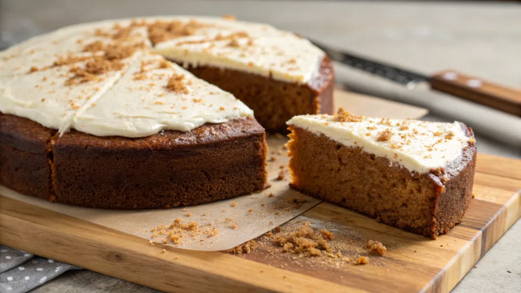 Alt Text: A sliced sugar-free carrot cake topped with white frosting and garnished with walnuts, served on a white plate.