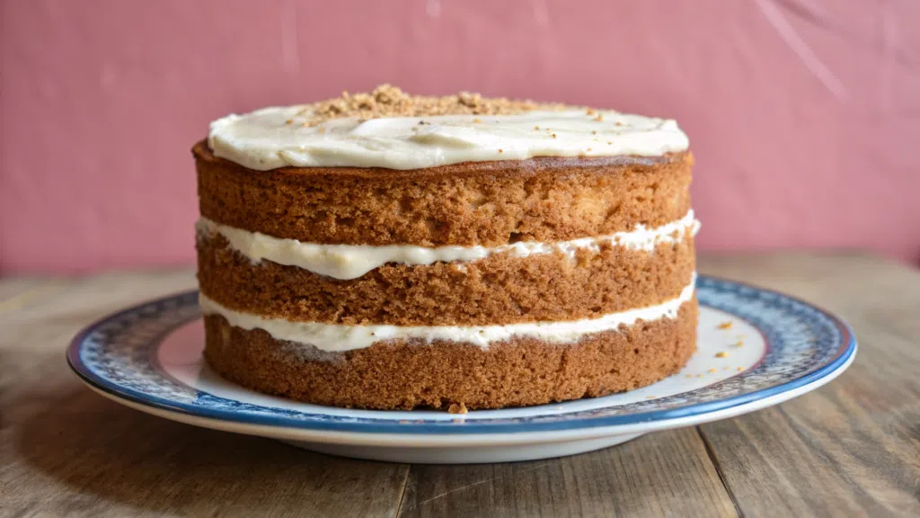 A close-up of a slice of layered sugar-free carrot cake with creamy frosting and topped with pecans, served on a white plate.