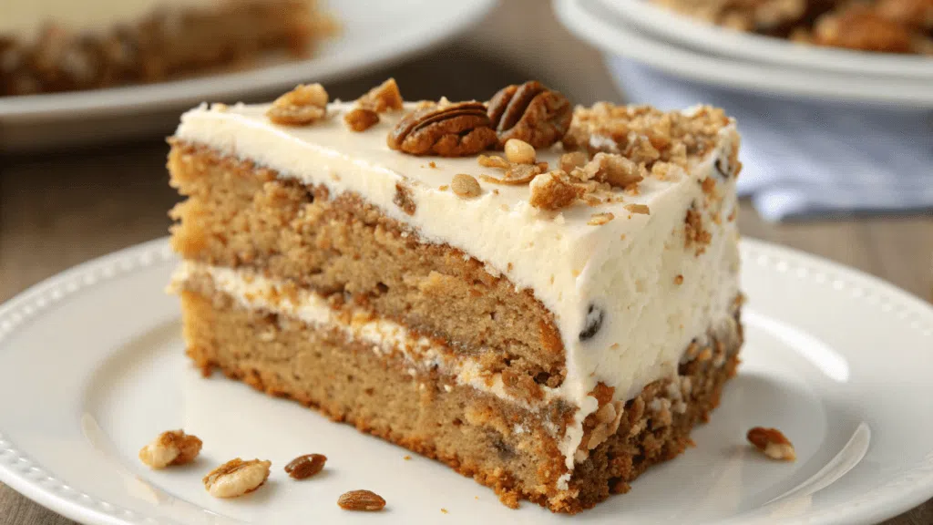 A close-up of a slice of layered sugar-free carrot cake with creamy frosting and topped with pecans, served on a white plate.