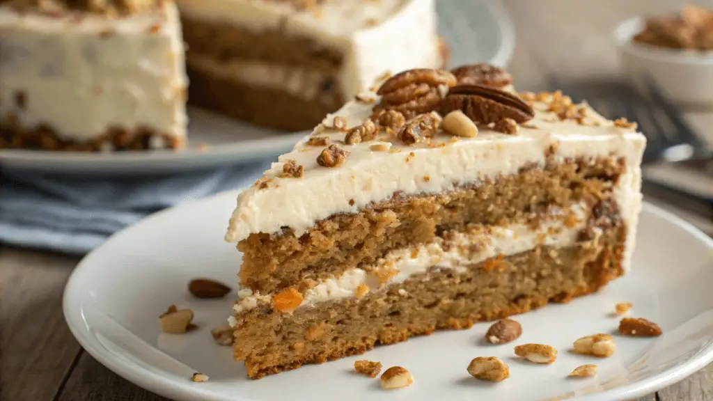 A close-up of a slice of layered sugar-free carrot cake with creamy frosting and topped with pecans, served on a white plate.