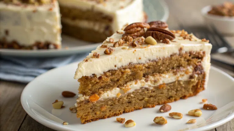 A close-up of a slice of layered sugar-free carrot cake with creamy frosting and topped with pecans, served on a white plate.