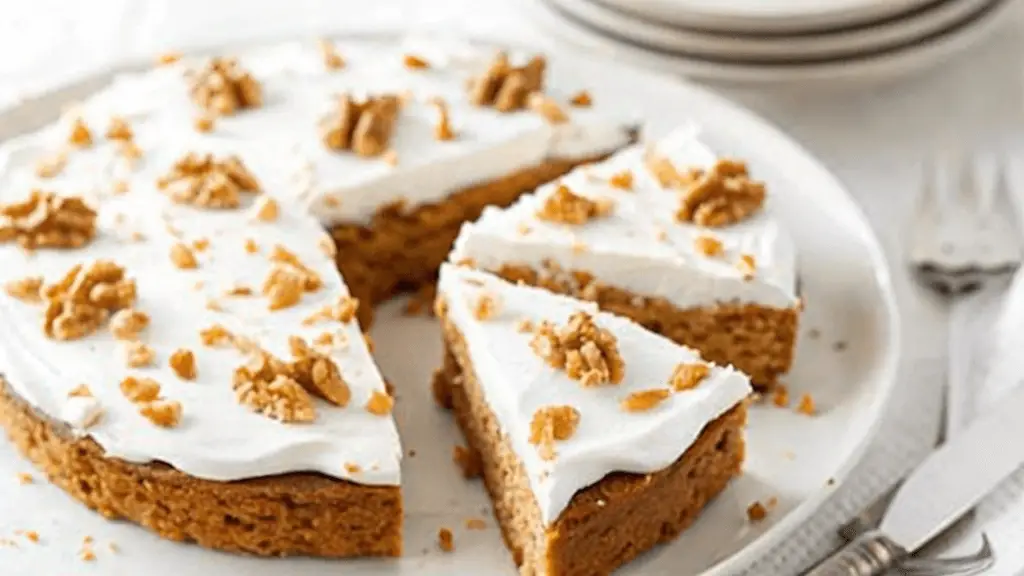 Alt Text: A sliced sugar-free carrot cake topped with white frosting and garnished with walnuts, served on a white plate.