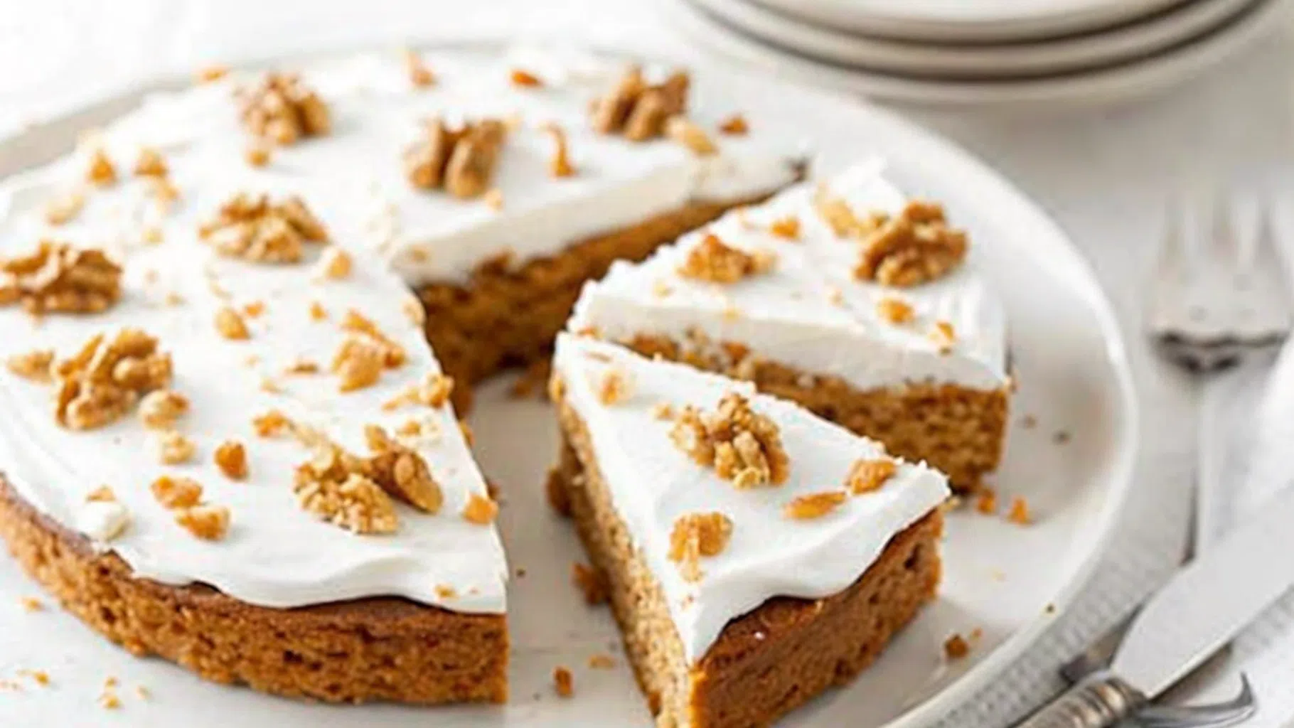 Alt Text: A sliced sugar-free carrot cake topped with white frosting and garnished with walnuts, served on a white plate.
