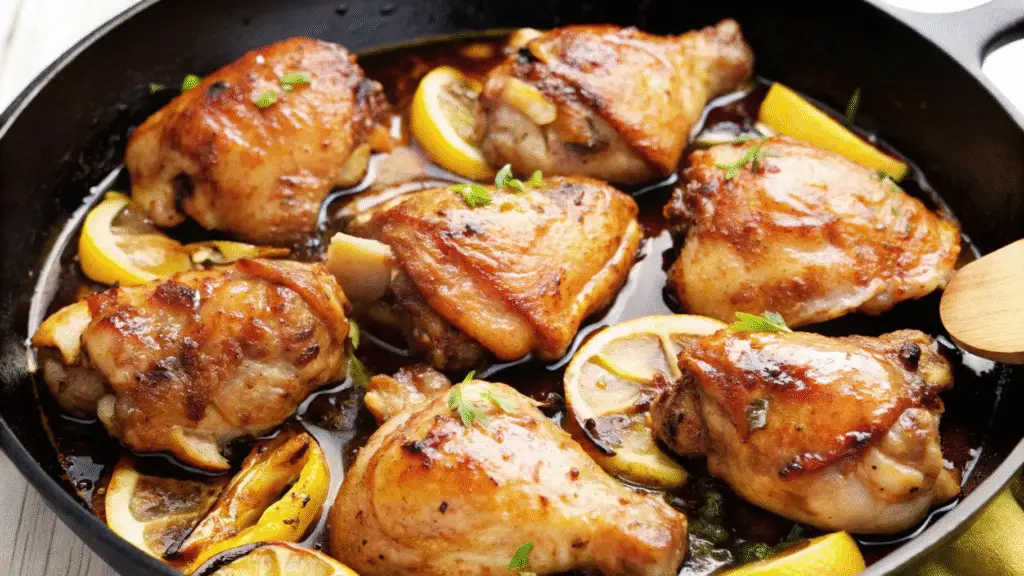 Honey Lemon Ginger Glazed Chicken in cast iron skillet with lemon slices and fresh herbs, golden-brown and glazed to perfection
