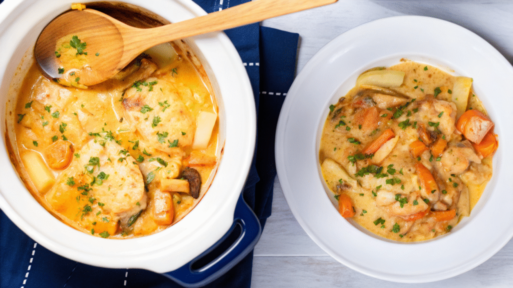 “Creamy slow cooker chicken stew with carrots, potatoes, and herbs served in a white crockpot and plated in a white bowl, garnished with chopped parsley.”