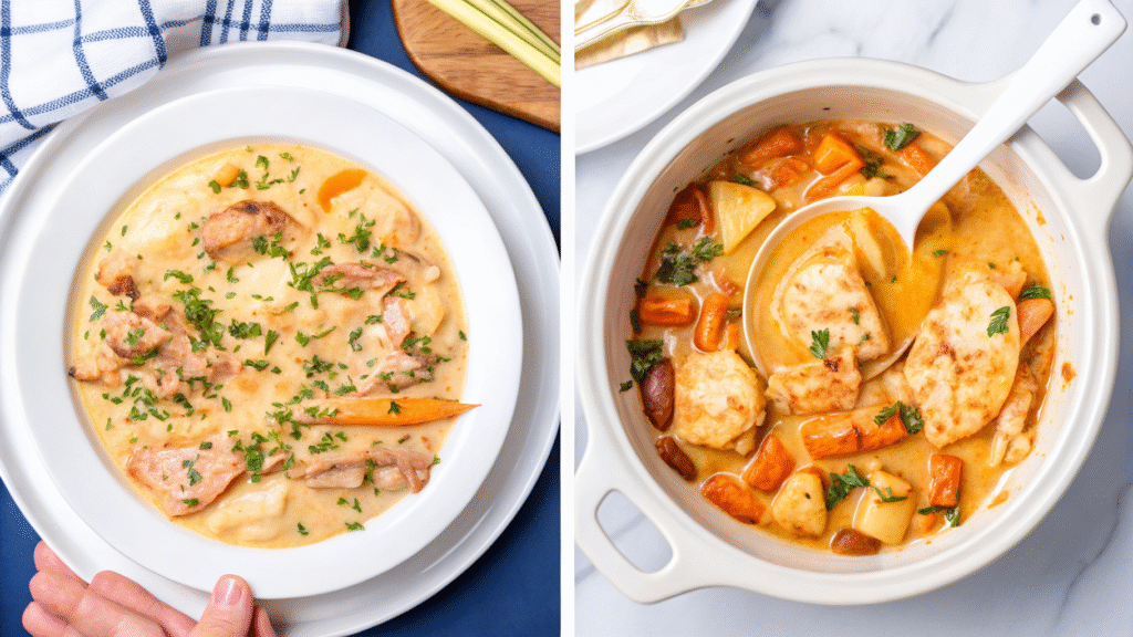 “Creamy slow cooker chicken stew with carrots, potatoes, and herbs served in a white crockpot and plated in a white bowl, garnished with chopped parsley.”
