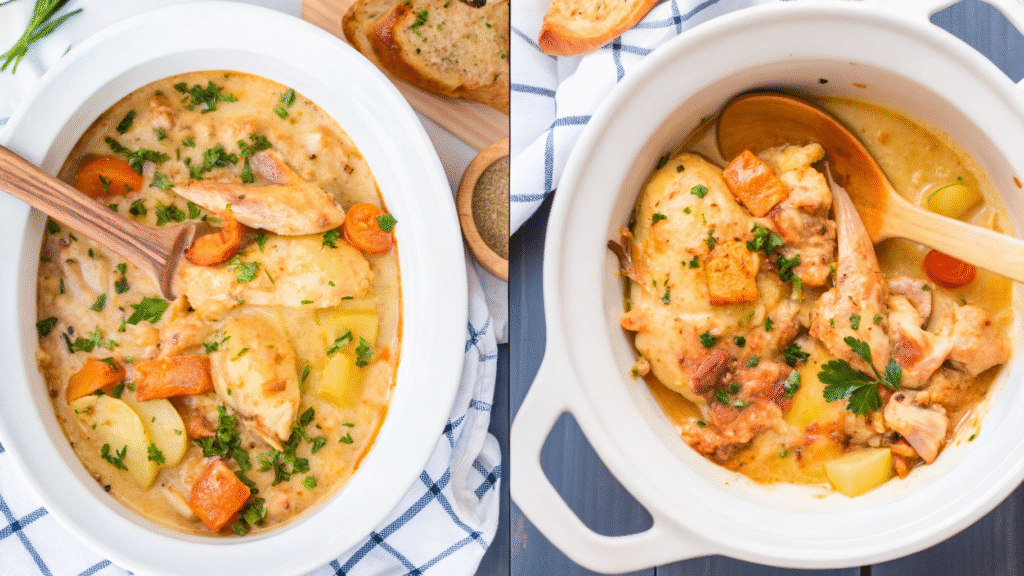 “Creamy slow cooker chicken stew with carrots, potatoes, and herbs served in a white crockpot and plated in a white bowl, garnished with chopped parsley.”