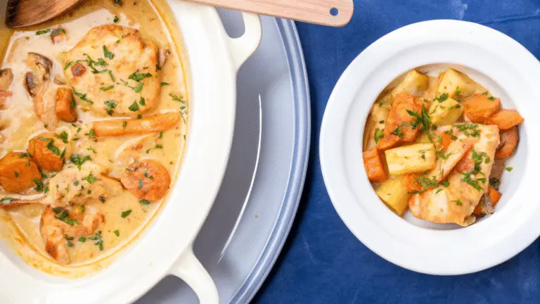 “Creamy slow cooker chicken stew with carrots, potatoes, and herbs served in a white crockpot and plated in a white bowl, garnished with chopped parsley.”