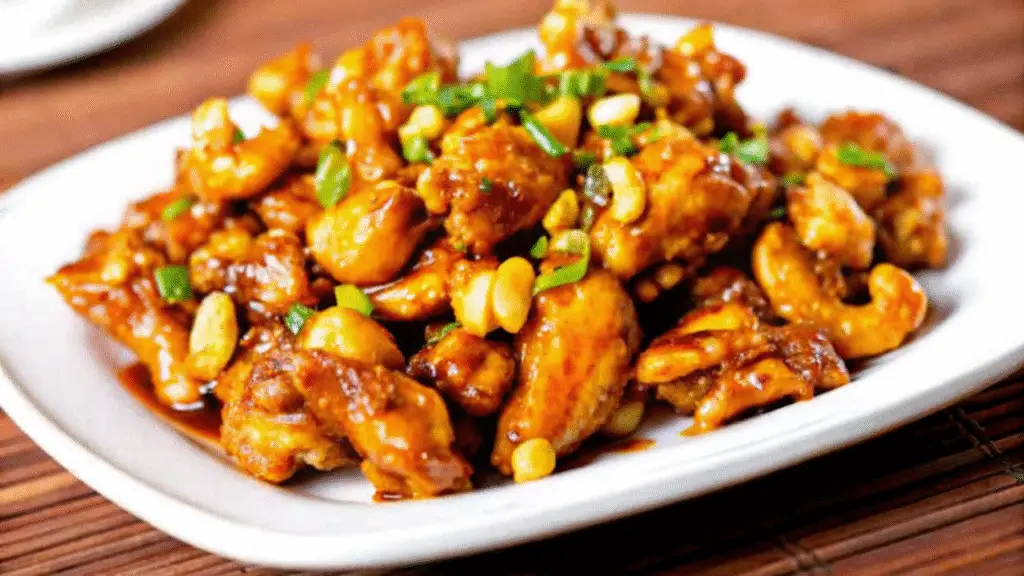 Plate of saucy cashew chicken garnished with green onions, served hot on a white plate.