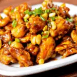 Plate of saucy cashew chicken garnished with green onions, served hot on a white plate.