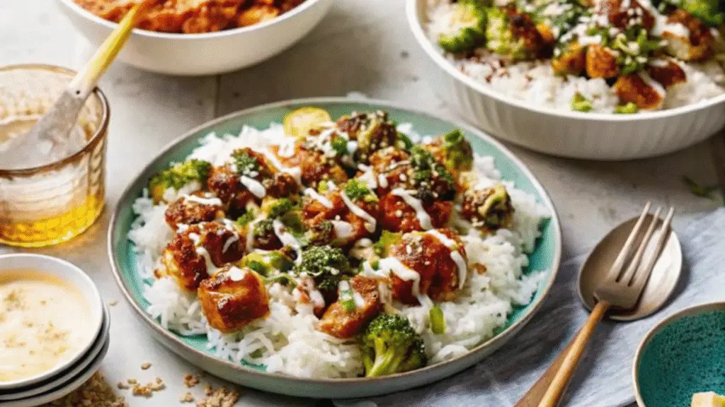 “Two bowls of sticky chicken rice with broccoli, drizzled with sauce, served over white rice, next to lemon water and iced drinks on a marble table.”