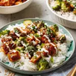 “Two bowls of sticky chicken rice with broccoli, drizzled with sauce, served over white rice, next to lemon water and iced drinks on a marble table.”