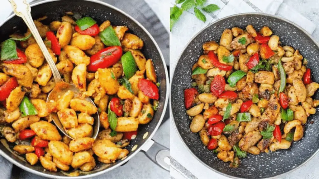 Close-up of stir-fried cashew chicken with bell peppers in a skillet, vibrant and freshly cooked.
