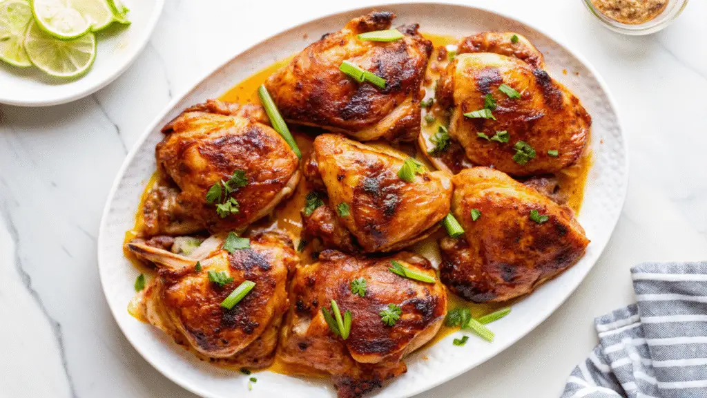 Honey Lemon Ginger Glazed Chicken in cast iron skillet with lemon slices and fresh herbs, golden-brown and glazed to perfection