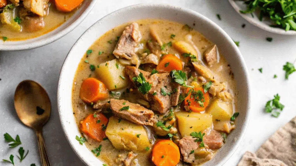 “Bowl of slow cooker chicken stew with tender chicken pieces, carrots, potatoes, and fresh parsley, served in a rustic white bowl”