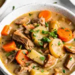 “Bowl of slow cooker chicken stew with tender chicken pieces, carrots, potatoes, and fresh parsley, served in a rustic white bowl”