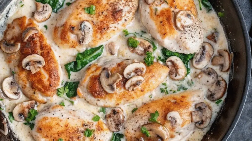 Sliced creamy mushroom and spinach stuffed chicken breast with melted cheese filling, served with mushrooms and creamy sauce on a white plate.