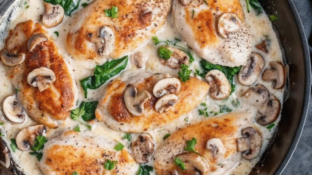 Sliced creamy mushroom and spinach stuffed chicken breast with melted cheese filling, served with mushrooms and creamy sauce on a white plate.