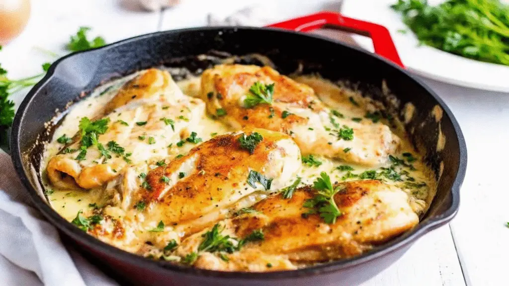 Sliced creamy mushroom and spinach stuffed chicken breast with melted cheese filling, served with mushrooms and creamy sauce on a white plate.