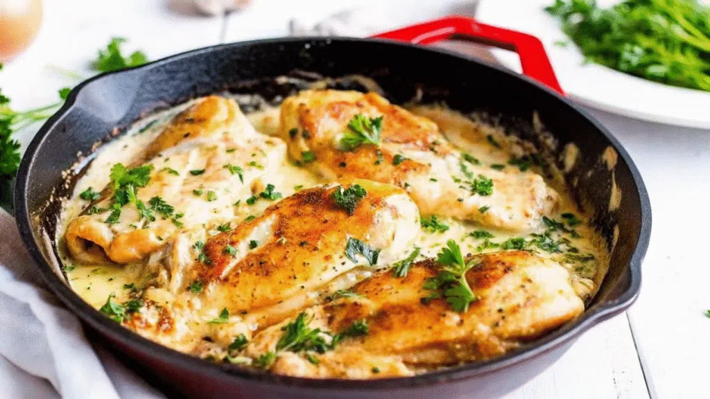 Sliced creamy mushroom and spinach stuffed chicken breast with melted cheese filling, served with mushrooms and creamy sauce on a white plate.