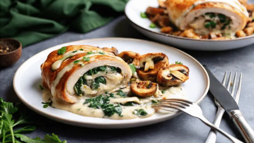 Sliced creamy mushroom and spinach stuffed chicken breast with melted cheese filling, served with mushrooms and creamy sauce on a white plate.