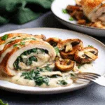 Sliced creamy mushroom and spinach stuffed chicken breast with melted cheese filling, served with mushrooms and creamy sauce on a white plate.